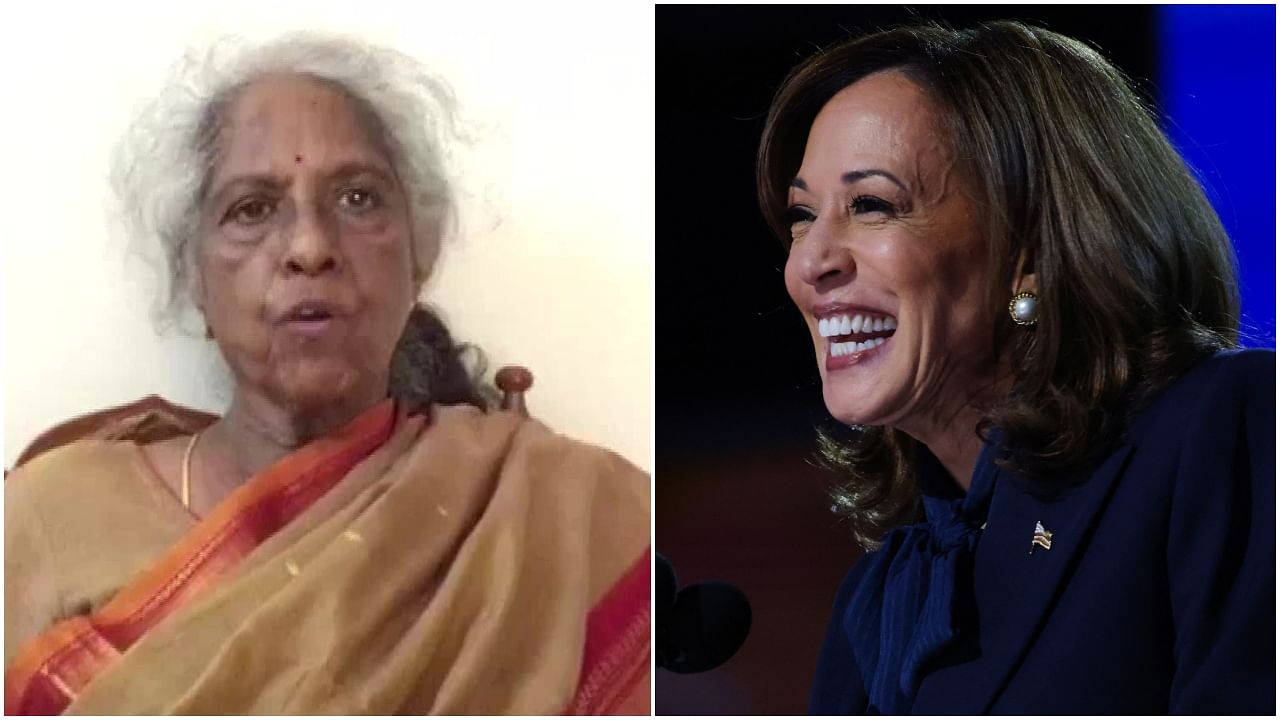 <div class="paragraphs"><p>(L to R) Dr Sarala Gopalan; US Vice President Kamala Harris gestures at the Democratic National Convention at the United Center in Chicago, Illinois, US, August 22, 2024.</p></div>